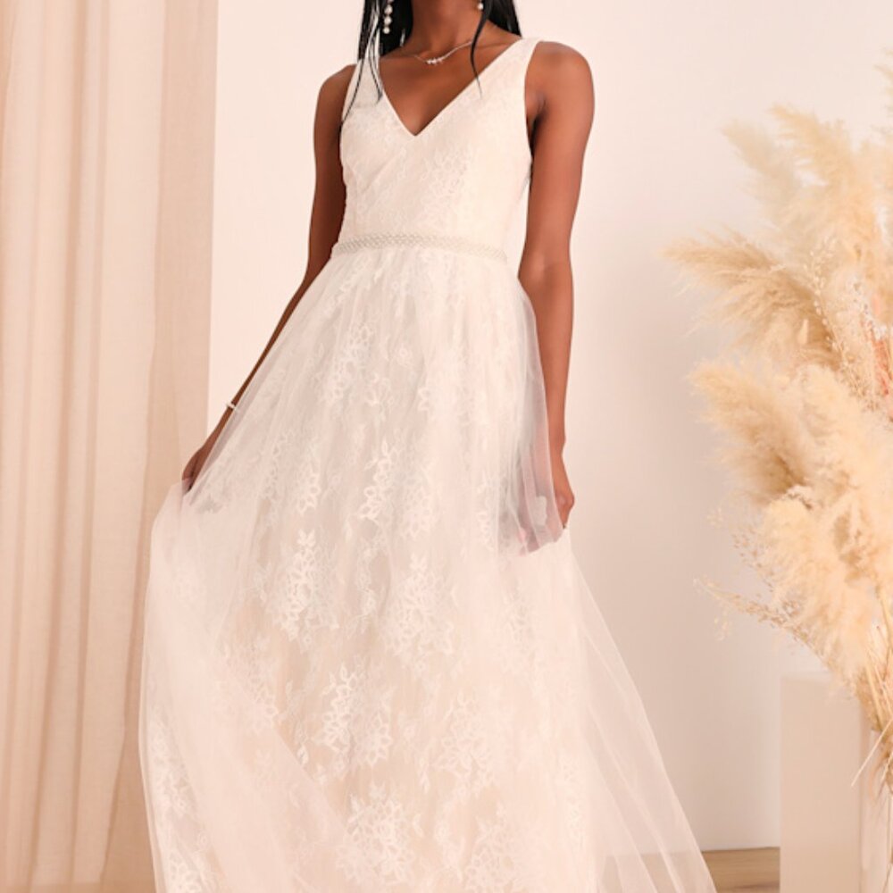 Lulus Sweet Love Ivory Lace Beaded Maxi Dress White - Size M